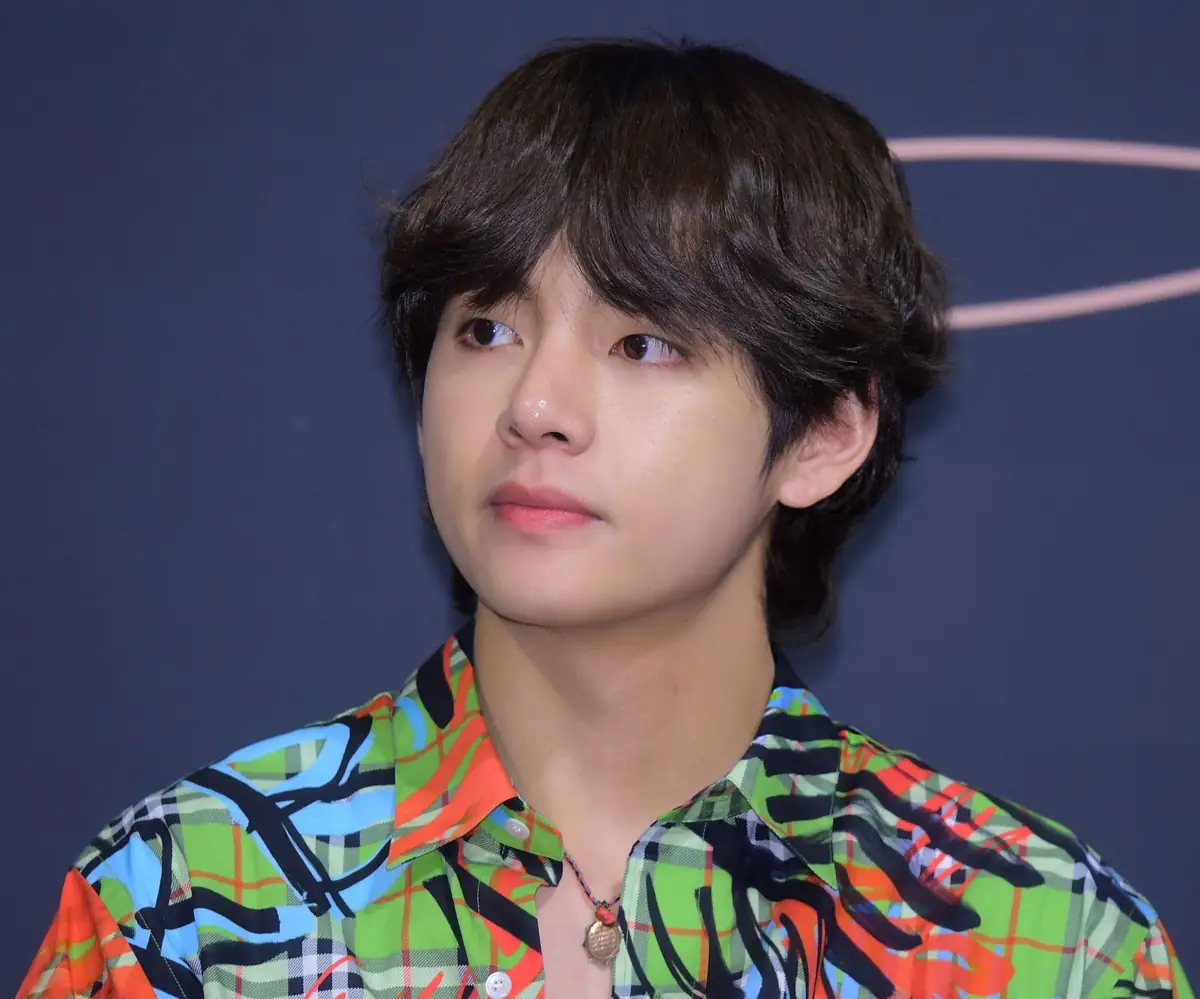V of BTS attended a press conference for BTS's third album LOVE YOURSELF on May 24, 2018, in Seoul, South Korea.